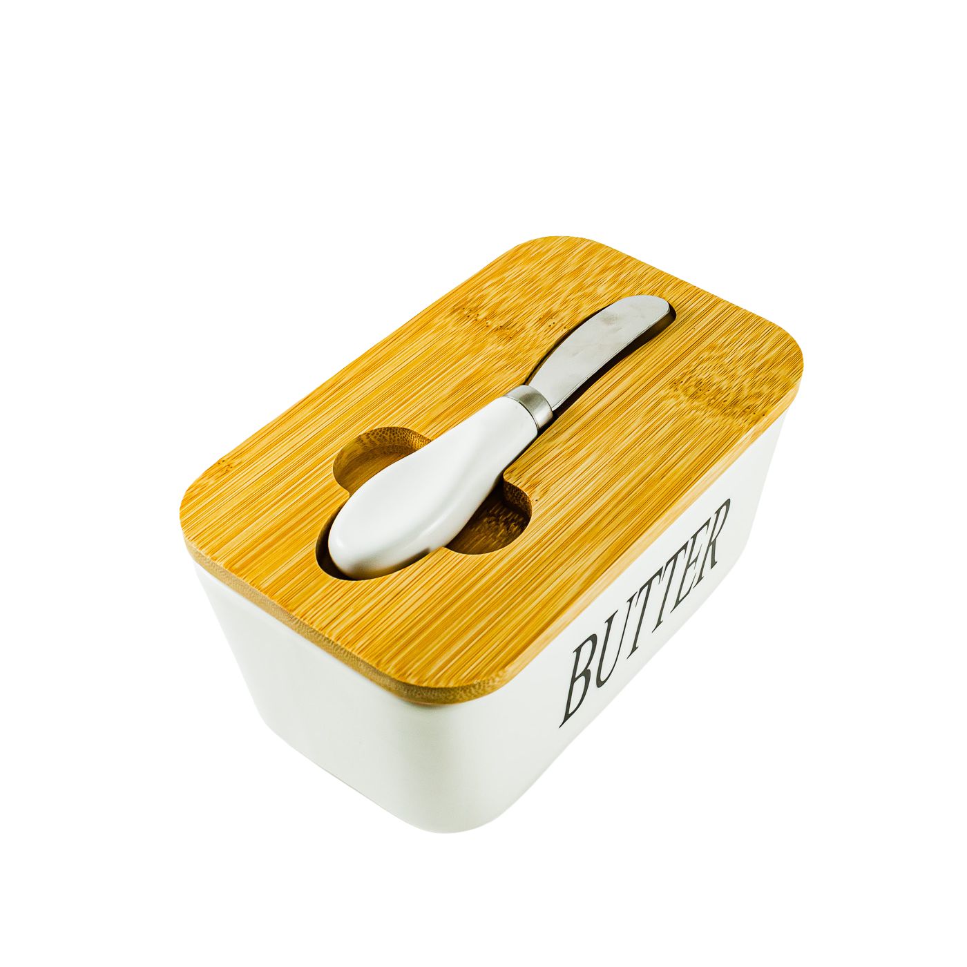 Кутия за масло порцеланова с бамбуков капак и ножче